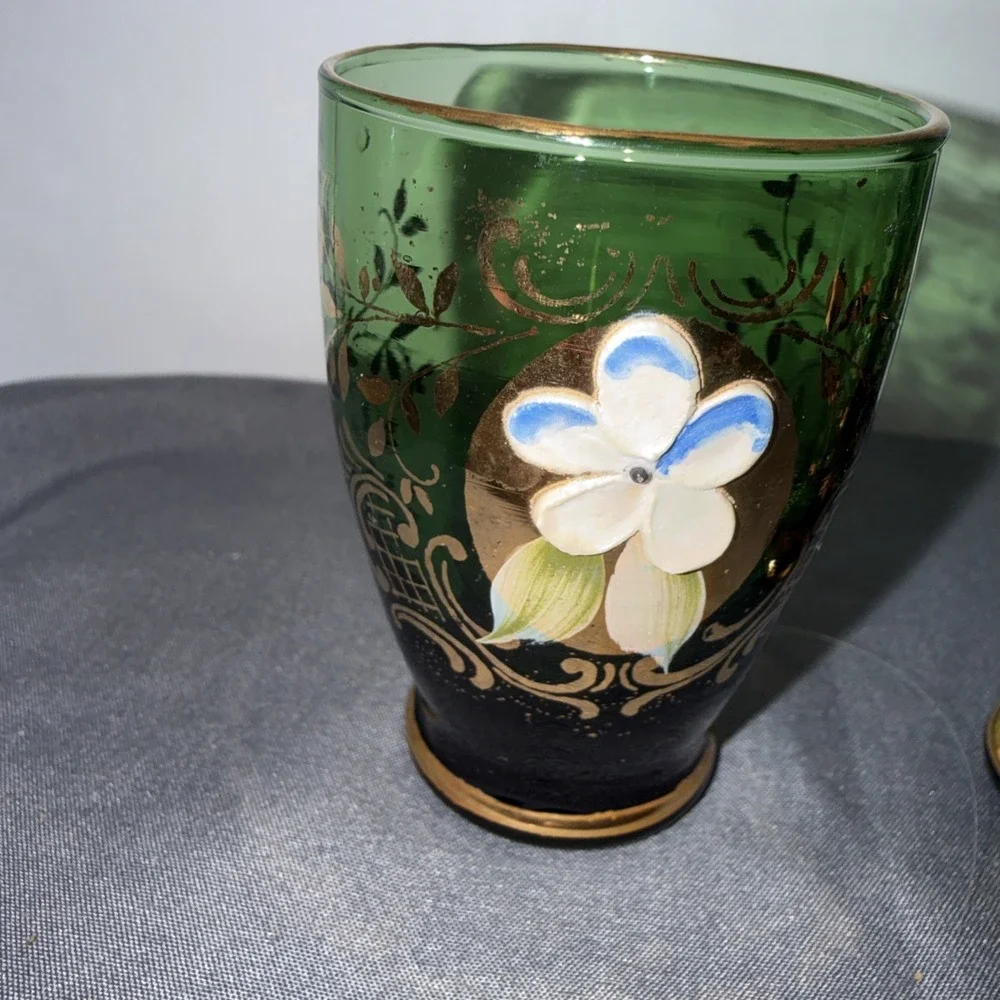 MCM Green Venetian  Green Glass  Cordial   Floral Painted 2 1/2